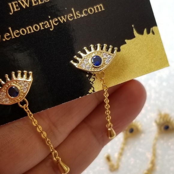 Blue sapphire gold plated evil eye chain studs - Picture 3 of 5